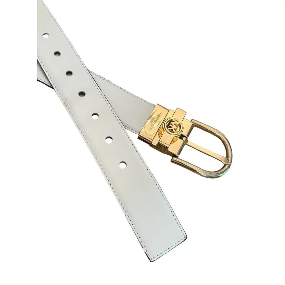 Michael Kors Reversible MK Logo Belt Brown Signature White Leather Gold XL